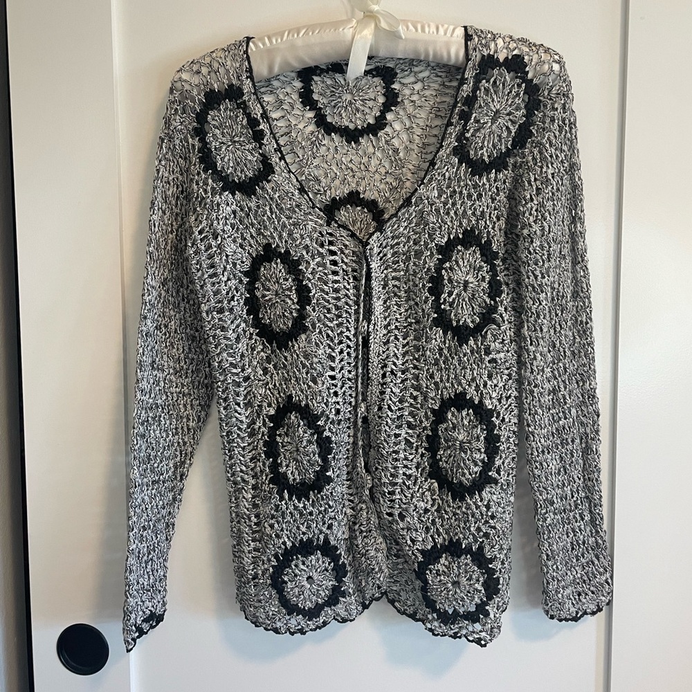 black and grey crochet button up cardigan
